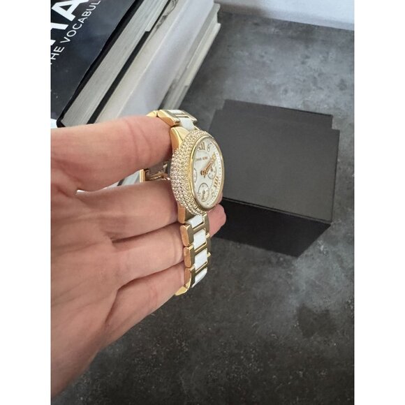 Michael Kors Women's Camille Gold-Tone Acrylic White Bracelet Watch MK5945 - Picture 4 of 15